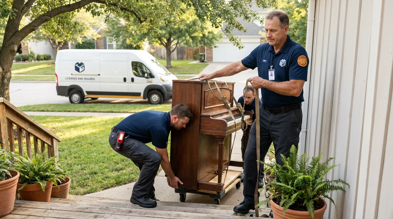 Licensed piano movers securing grand piano in Oakhurst, NJ