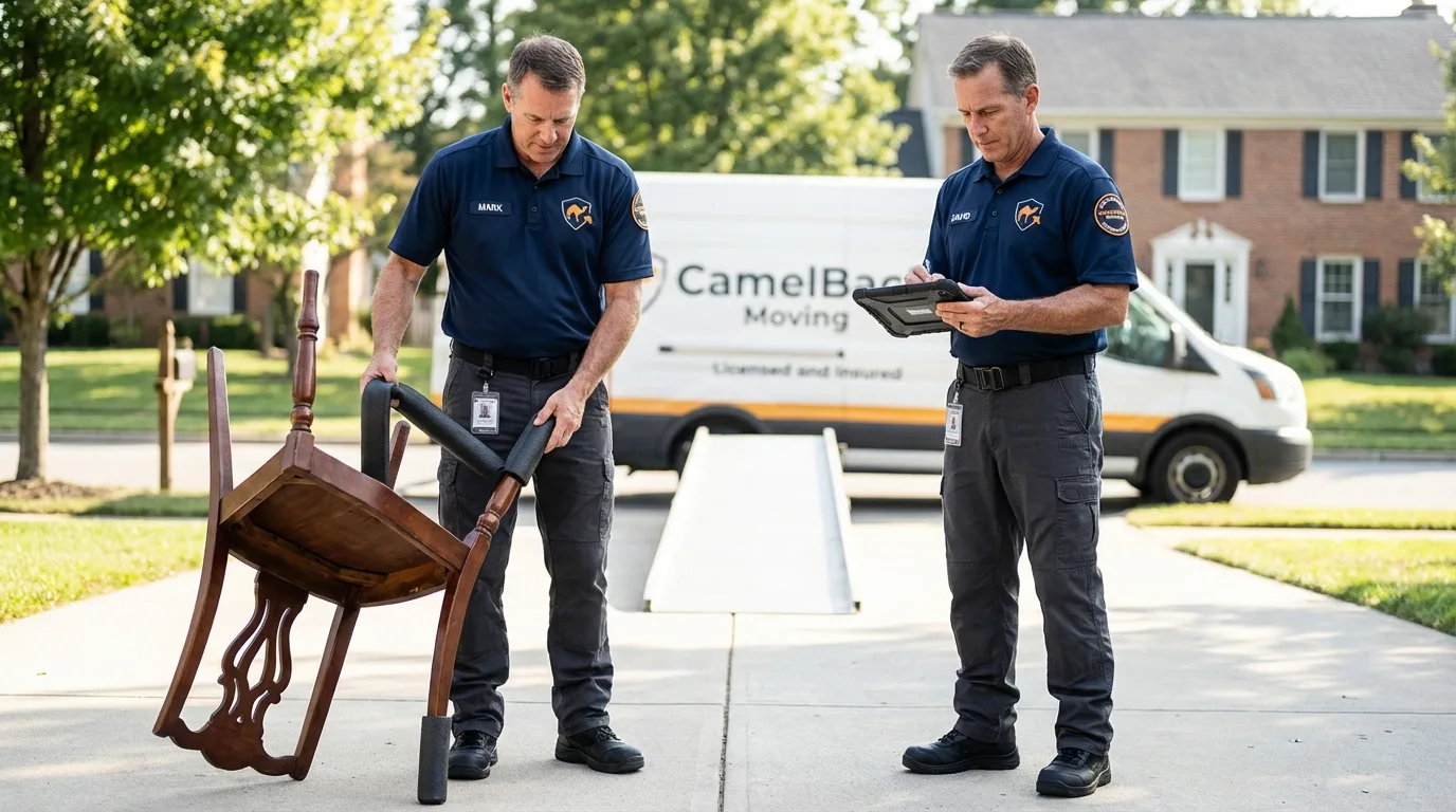 Movers inspecting furniture for damage prevention before loading in Oakhurst, NJ