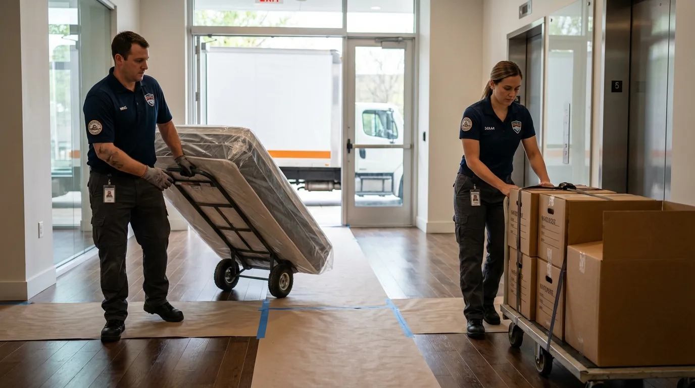 Professional apartment movers loading elevator in Oakhurst, NJ